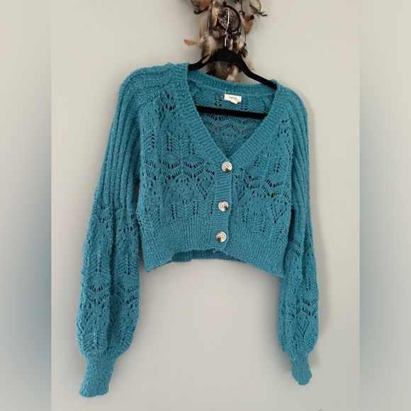 Dreamers by Debut Women’s Size S Turquoise Cropped Cardigan Sweater Soft Knit - Picture 3 of 13